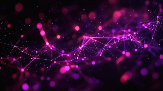 glowing purple and pink digital network of interconnected nodes, lines and particles with bokeh lights on a dark background conveying a futuristic, energetic and mysterious mood - Powered by Adobe