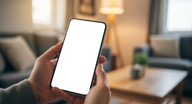 Hands holding a smartphone with a blank white screen mockup. Person using a phone in a cozy living room in the evening. For displaying mobile app interfaces, websites, or social media content.
