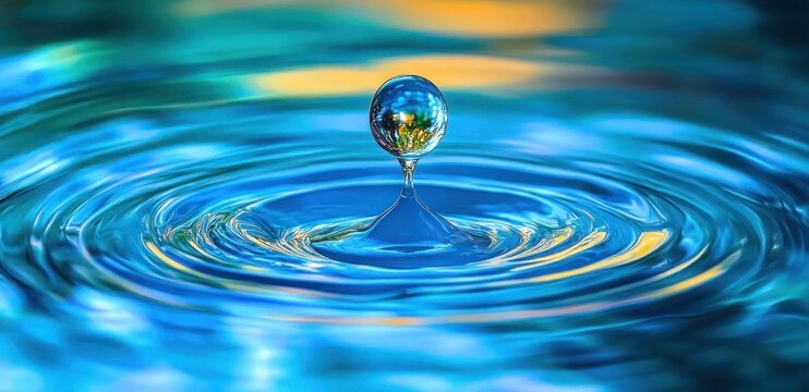 Single water droplet suspended above concentric ripples on a shimmering blue and turquoise surface with golden reflections, evoking calm and serene stillness - Powered by Adobe