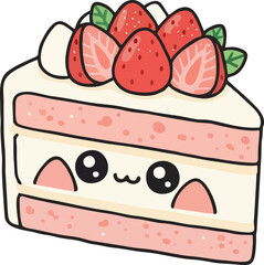 Adorable strawberry cake slice with charming kawaii face, perfect for sweet treats promotions and delightful dessert illustrations showcasing joy and cuteness