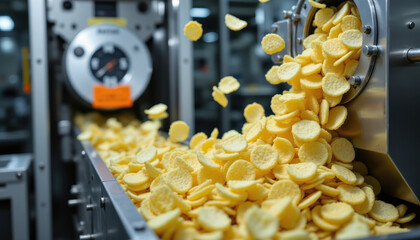 Potato chips flow from stainless steel machine onto conveyor belt in modern food processing factory, showcasing industrial snack production efficiency