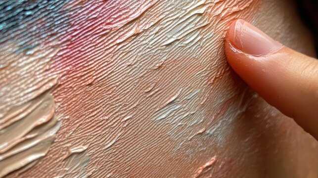 fingertip pressing into thick textured pastel paint on canvas, close-up conveying gentle curiosity and tactile serenity