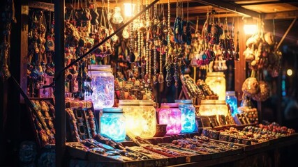Enchanting night market stall with handmade jewelry and souvenirs. Vibrant display of bohemian accessories and magical trinkets under warm atmospheric lights at a local festival