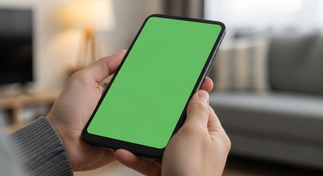 Hands holding a smartphone with a green screen. Chroma key mockup for video content or app interfaces. Person using phone in a cozy home living room. Close-up view for easy compositing.