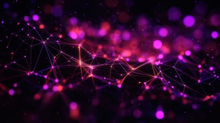 glowing purple and pink network of connected nodes and geometric lines over blurred bokeh lights conveying futuristic energy and mysterious cosmic depth
