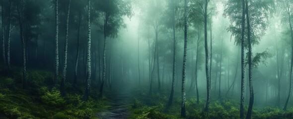 Obraz premium Misty birch forest with a narrow woodland path, green undergrowth and pale trunks shrouded in fog, evoking a tranquil and mysterious mood