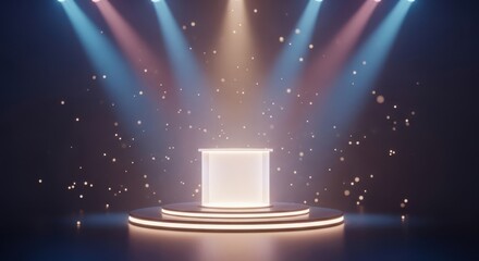 Illuminated stage with spotlight and floating particles creating a captivating ambiance