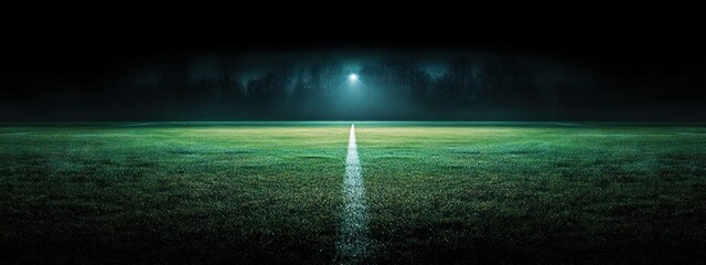 Empty grass field at night with central painted line leading to a lone floodlight, misty treeline and a moody, mysterious atmosphere