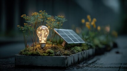 Eco-Friendly Concept: Solar Panel with Glowing Light Bulb and Plants Representing Renewable Energy