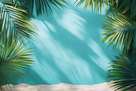 turquoise backdrop with soft sand and tropical palm fronds casting dappled shadows, evoking calm summer relaxation