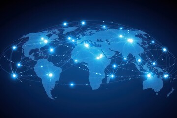 glowing blue digital world map with dotted continents, bright hubs and arcing connection lines conveying global connectivity and futuristic energy