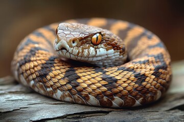 Fototapeta premium close-up of a coiled brown and yellow patterned snake on weathered wood with an intense watchful gaze