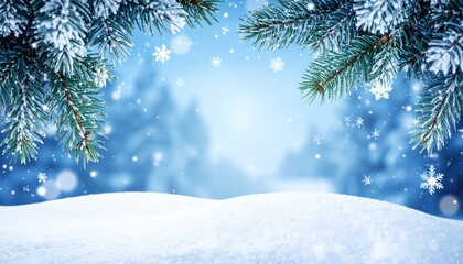 A serene winter landscape featuring a soft snowfield under a cool blue sky, framed by frosted fir branches and gentle falling snowflakes that create a peaceful seasonal atmosphere.