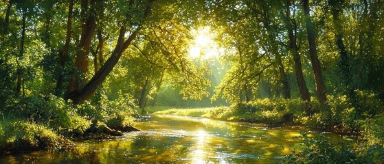 Tranquil sunlit forest stream with golden rays filtering through leafy canopy and calm reflections on a meandering river in lush green woodland