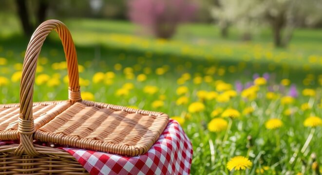 Woven basket with checkered cloth rests in a sunny meadow filled with blooming wildflowers