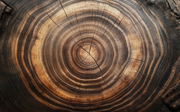 close-up of tree trunk cross-section with concentric growth rings and radial cracks, warm aged wood texture evoking time and quiet resilience