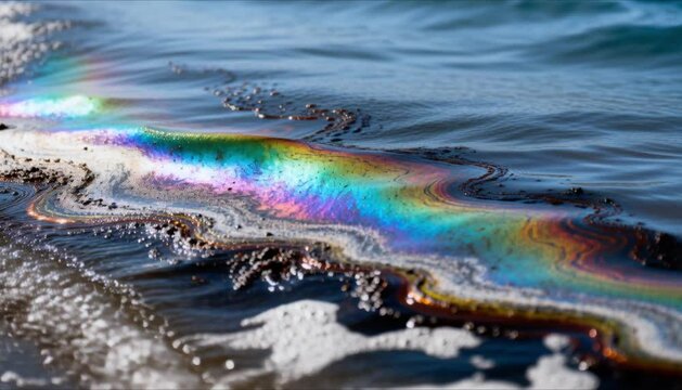 oil spill rainbow sheen drifting across ocean surface, macro pollution detail, environmental contamination and water damage visual, global crisis concept