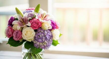 Vibrant bouquet of mixed pastel flowers sits in a clear vase near a bright window