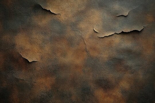 peeling rust-colored paint and curled flakes on a cracked textured wall, mottled brown and charcoal tones conveying aged, weathered, moody decay - Powered by Adobe