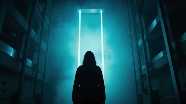 Cinematic sequence of a lone figure walking towards a glowing blue portal in a dark mysterious corridor. Concept of a journey into the future, technology, or the metaverse