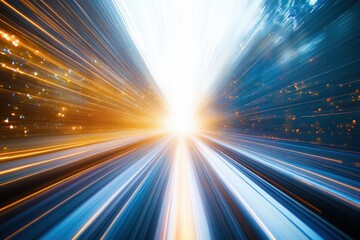 Converging streaks of blue and orange light racing toward a brilliant white vanishing point, sparkling particles and motion blur conveying speed and exhilaration