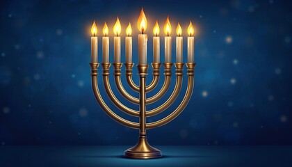 Jewish holiday Hanukkah concept. Menorah with burning candles on dark blue background with copy space.