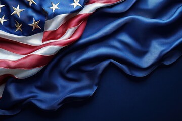 Draped American flag with golden stars and red and white stripes resting on deep blue satin fabric, evoking pride and solemn reverence