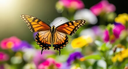 Fototapeta premium Brightly colored insect with patterned wings hovers above a garden of colorful blossoms