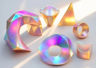 iridescent faceted geometric objects including crescent arc, faceted donut, ring, cone, pyramid, tubular ring, rounded cube and hexagonal cup on a soft lit surface, serene playful mood