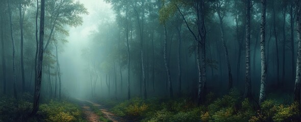 Misty forest path winding through tall birch trees and lush undergrowth bathed in soft eerie green light, evoking calm mystery and solitude