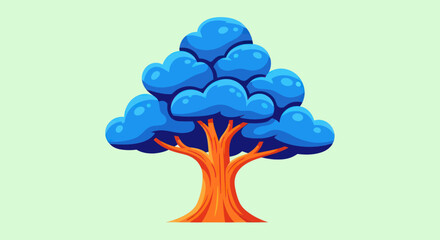 Vibrant Cartoon Tree with Blue Foliage and Orange Trunk.