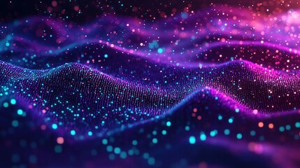 Shimmering neon particle waves forming a dotted mesh landscape in purple and teal, sparkling bokeh lights and undulating depth evoking a mesmerizing futuristic calm