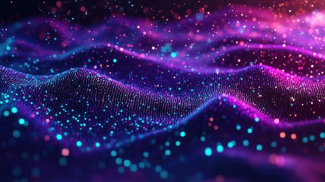 Shimmering neon particle waves forming a dotted mesh landscape in purple and teal, sparkling bokeh lights and undulating depth evoking a mesmerizing futuristic calm - Powered by Adobe