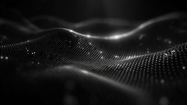 monochrome undulating field of glowing digital dots forming a flowing mesh of waves, conveying a serene and mysterious futuristic atmosphere