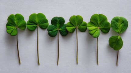 Fresh Green Clovers Arranged in a Neat Row on White Background