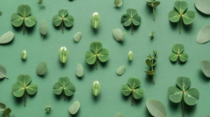 Arrangement of Green Leaves and Clovers on a Textured Background