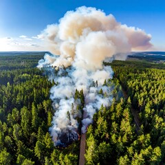 Aerial view of a forest fire, smoke billowing skyward, contrasting with the surrounding green woodland scenery