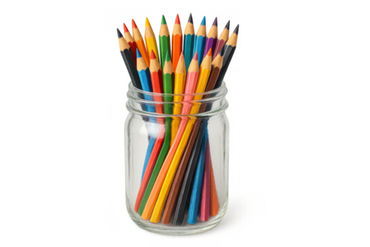 Colorful drawing pencils in a clear glass jar symbolizing creativity, education, and artistic expression on transparent background