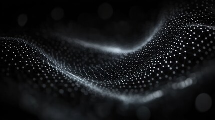 glowing dotted mesh and connecting lines forming an undulating digital wave, calm mysterious flowing data landscape
