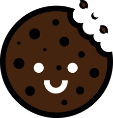 Illustration of cute chocolate chip cookie with a bite taken out, isolated on white background