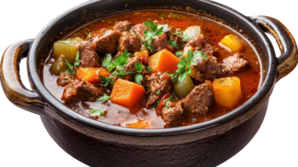 Hearty Beef Stew in Rustic Pot isolated on a transparent background