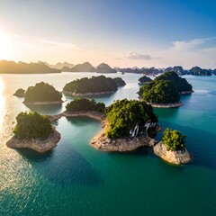 Aerial view of lush, green islets scattered across calm, turquoise waters under a bright, sunny sky