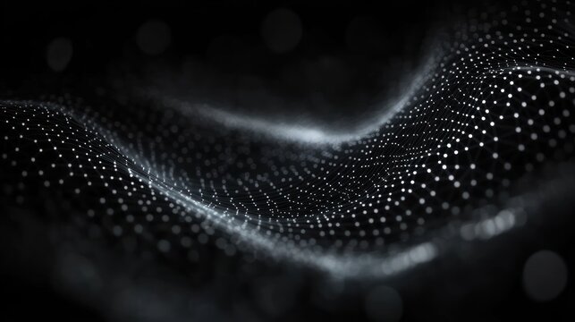 glowing dotted mesh and connecting lines forming an undulating digital wave, calm mysterious flowing data landscape