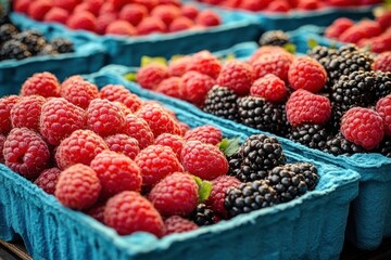 Close-up of fresh ripe raspberries and blackberries in blue market cartons, vibrant and inviting summer fruit