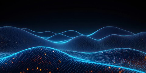 futuristic glowing blue particle waves forming rolling digital hills dotted with warm orange sparks against a dark background, serene and mysterious