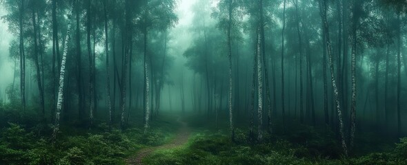 Misty birch forest with winding dirt path, emerald undergrowth, tall slender trunks and a quiet mysterious atmosphere