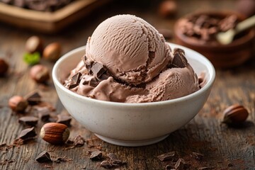 Three scoops of chocolate ice cream in a white bowl topped with chocolate chunks and surrounded by hazelnuts on a rustic wooden table, cozy indulgent and appetizing