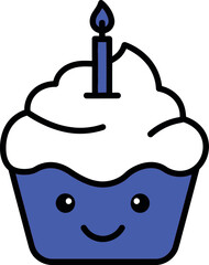 Illustration of cute cartoon cupcake with a candle isolated on white background