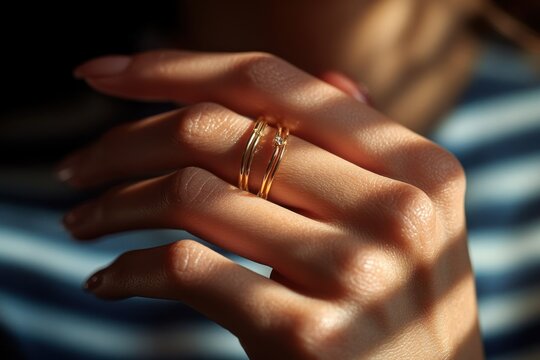 close-up of a woman's hand wearing two delicate gold rings with striped sunlight and a blurred striped shirt, evoking calm elegance