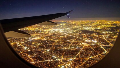 Aerial view of a glowing city seen through airplane window at night. Wing silhouetted against the starry sky above
